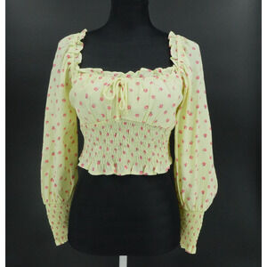 Faithfull The Brand Shirt Womens 4 Yellow Roses Smocked‎ Puff Sleeve Crop Summer